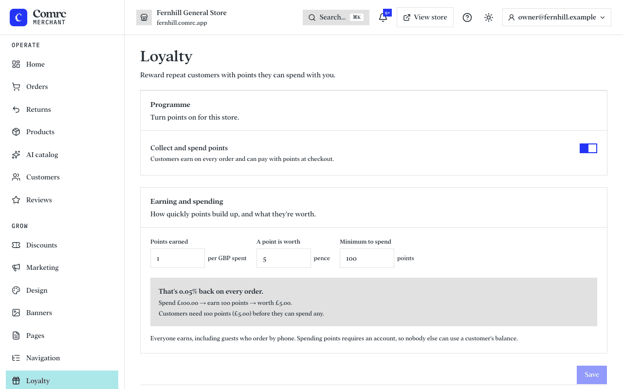 The Loyalty page: a switch to turn points on, the earning and spending settings with a worked example, and the list of members.