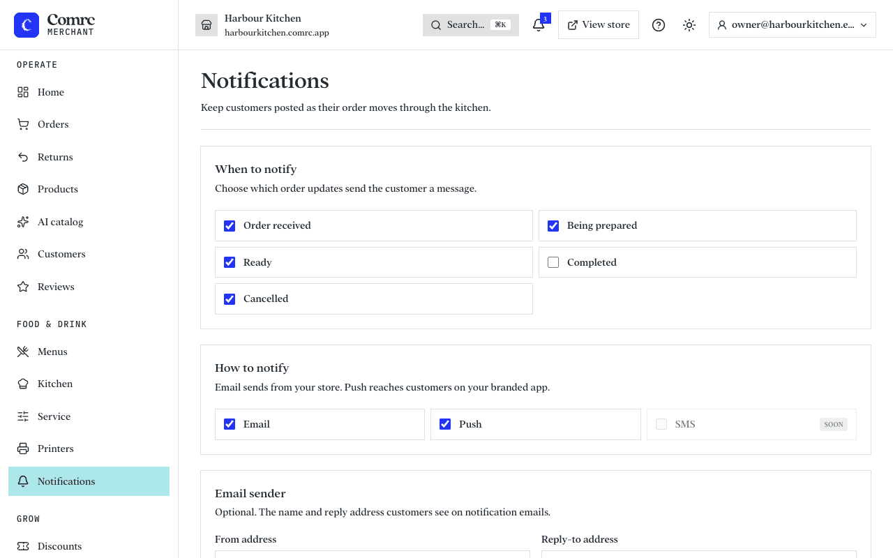 The Notifications page: a row for each stage of an order, with a switch for email.