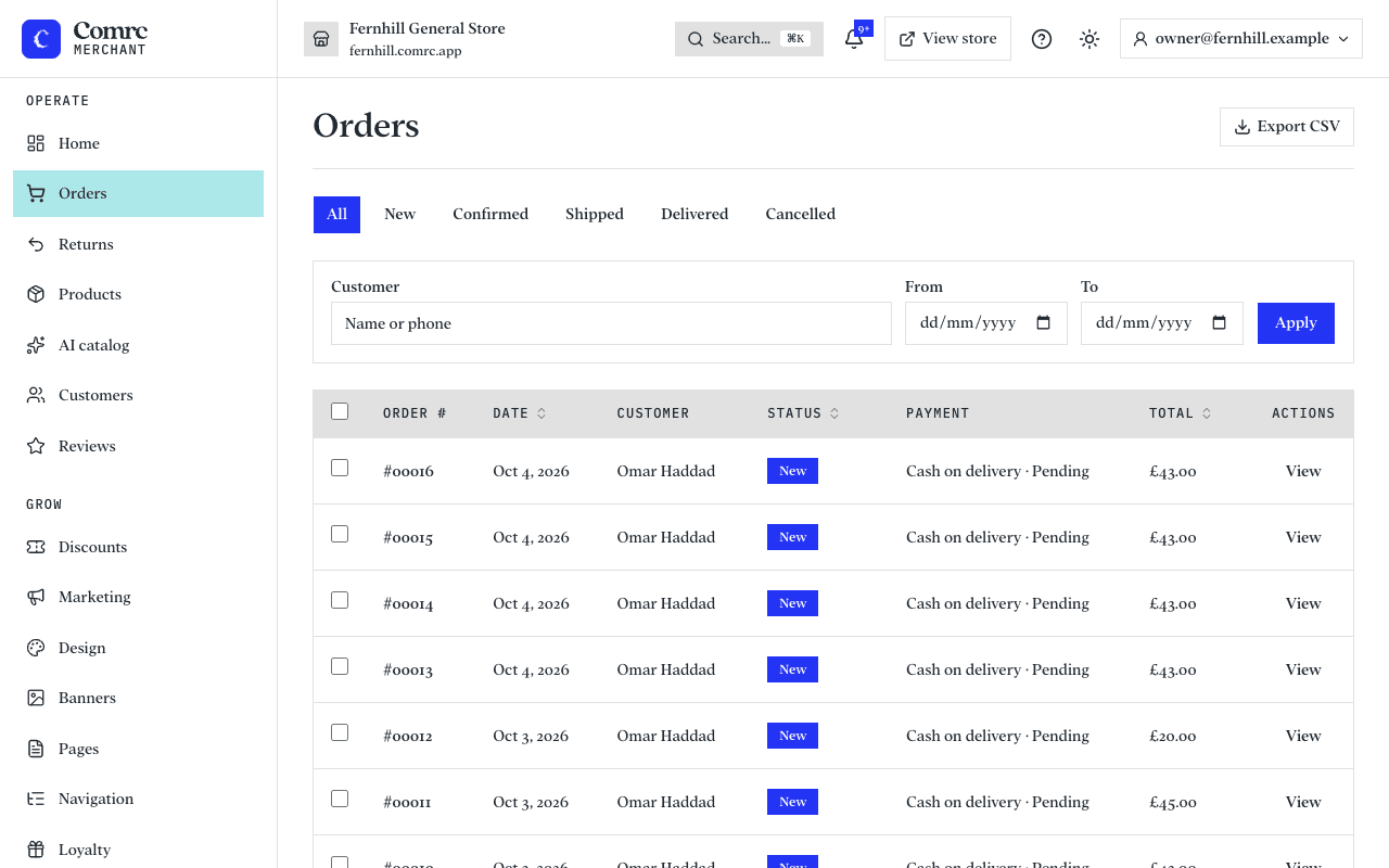 The Orders page: a table of orders with their number, date, customer, status, payment and total, and filters above it.