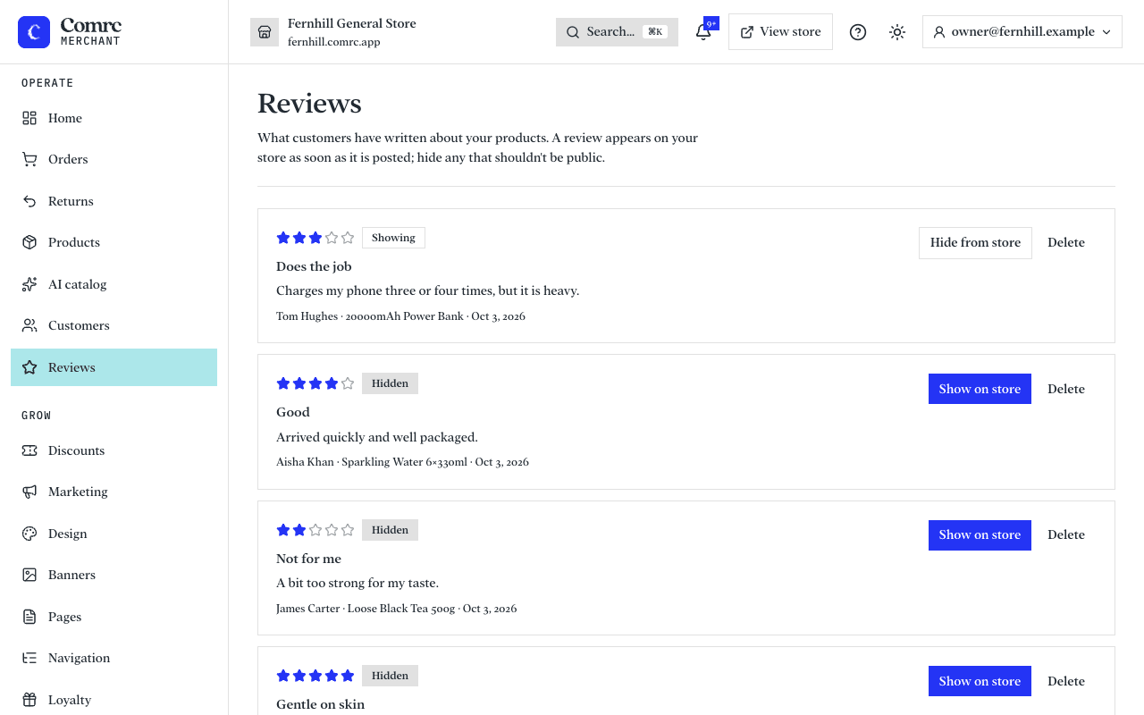 The Reviews page: each review with its star rating, text, the customer's name, the product, and buttons to hide or delete it.