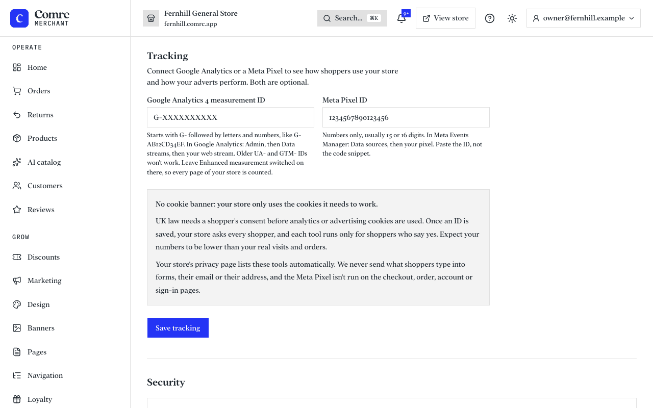 The tracking section of Settings, with a box for a Google Analytics measurement ID and one for a Meta Pixel ID.