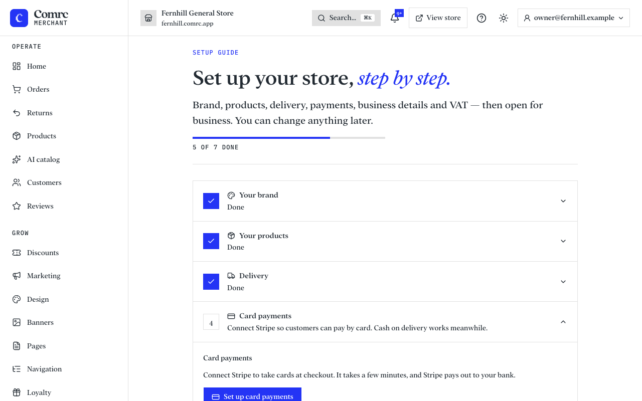 The Setup guide: a list of steps, each with a tick or a button to do it now.
