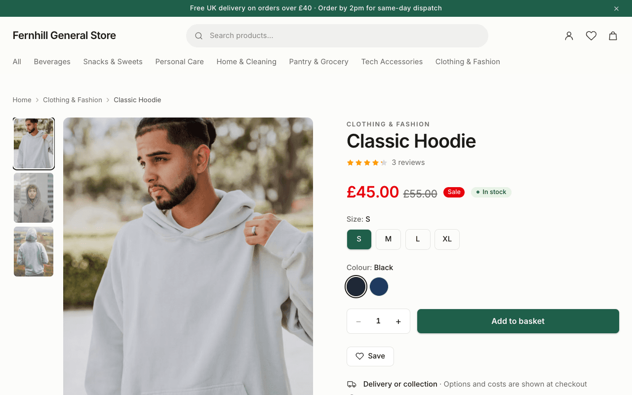 A product page: photos on the left, and the name, price, size and colour options and Add to basket button on the right.