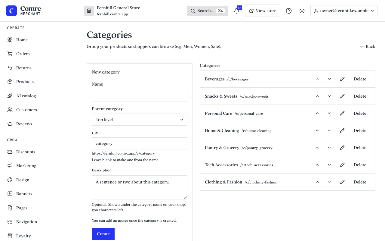 The Categories page: a list of the store's categories, each with a name, a picture and the number of products in it.
